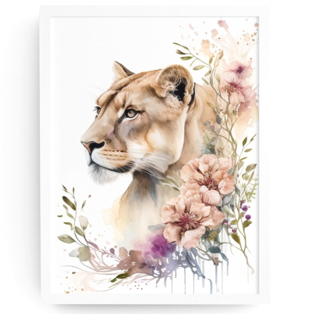 Cute Floral Lioness Watercolor Wall Art Illustration Print Poster Card Unframed